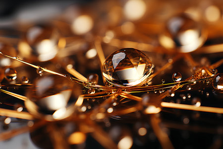 3d rendering of a drop of water on a golden background.の素材