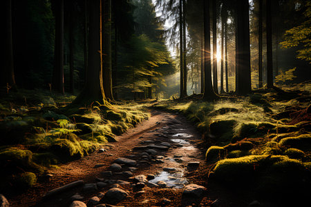 Path in the forest at sunset. Fantasy landscape with a path in the woods.の素材