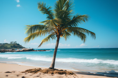 Coconut palm tree on tropical beach with turquoise water and blue sky