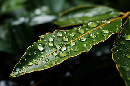 Water drops on green leaf after rain. Nature background. Close up.の素材
