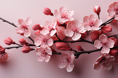 Branch of blossoming cherry on a pink background. Vector illustration.の素材
