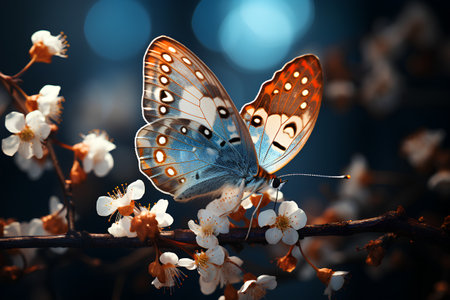 Butterfly with flowers on a branch of a blossoming treeの素材