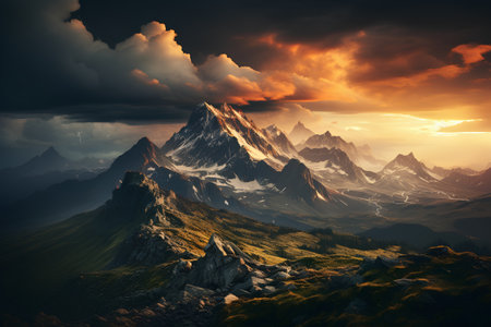 Mountain landscape at sunset. Dramatic overcast sky. 3d renderの素材