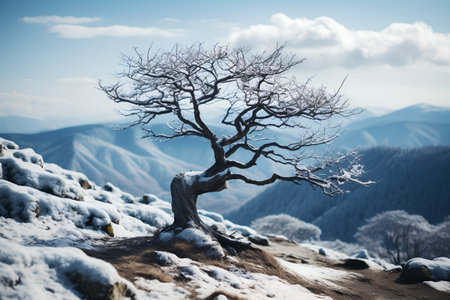 Beautiful winter landscape with lonely tree in mountains. Blue tonedの素材