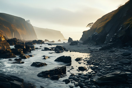 Sunset over the sea with rocks and mist. Toned.の素材