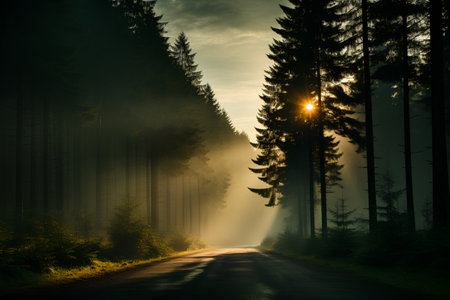 Foggy forest road at sunset. 3d rendering toned imageの素材