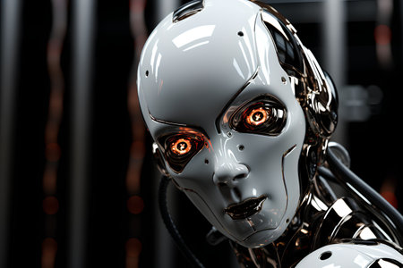 Cyborg robot with glowing eyes. 3D rendering. Virtual reality.の素材