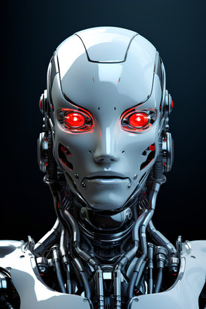 3d rendering humanoid robot with red light on face isolated on blackの素材