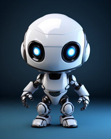 3D render of a cute robot with blue eyes isolated on blue backgroundの素材