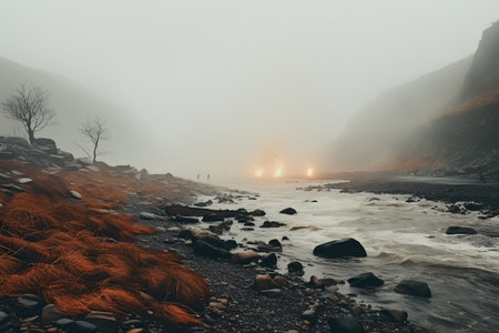 Foggy winter landscape in the mountains. 3D render.の素材
