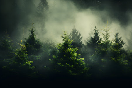 Foggy forest with coniferous trees. 3d renderの素材