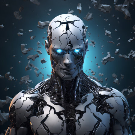 Cyborg with broken glass on blue background. 3D illustration.の素材