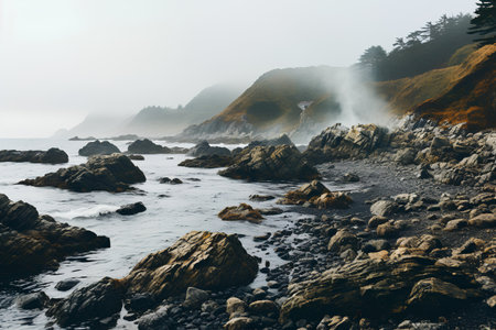 Rocky coast of Pacific Ocean in a foggy morning, California, USA.の素材