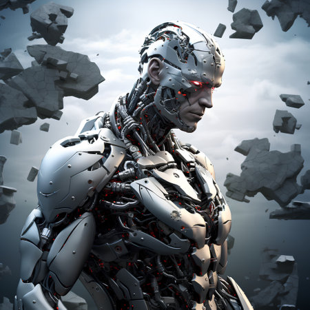 Cyborg man with broken glass background. 3D rendering illustration.の素材