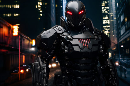 3D rendering of a male cyborg standing in the city at nightの素材