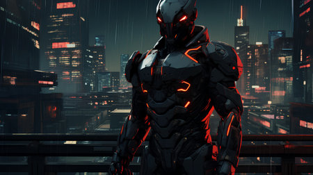 Cyborg in a futuristic city. 3D rendered Illustration.の素材