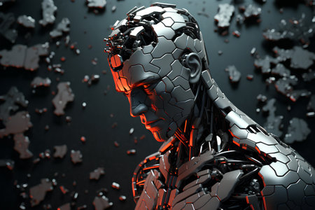 3d rendering of a female cyborg in metallic cyber space.の素材