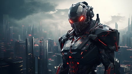 Futuristic cyborg with red glow on the background of the city.の素材