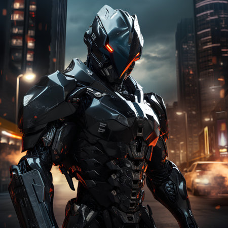 3D rendering of a male cyborg in a futuristic city at nightの素材