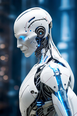 3d rendering humanoid robot on blue background with blur bokehの素材