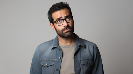 Portrait of a handsome young man with glasses and a beard looking at the camera while standing against grey backgroundの素材
