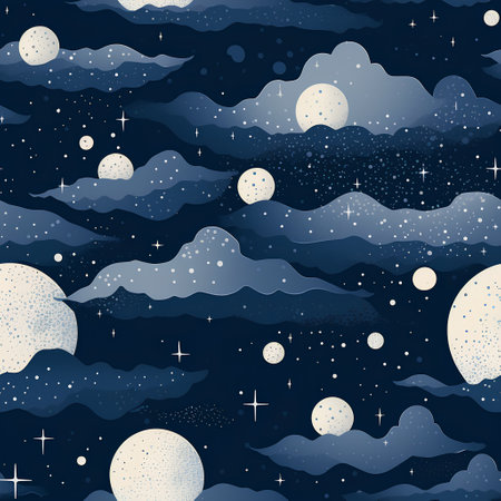 Seamless pattern with clouds, stars and moon. Vector illustration.の素材