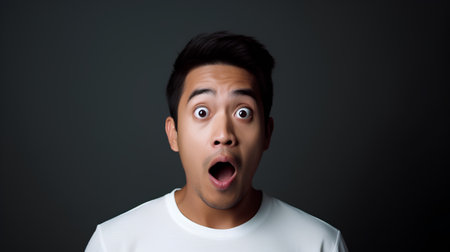 Portrait of shocked asian man in white t-shirt on dark backgroundの素材