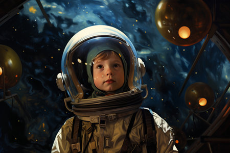 Portrait of a little boy in spacesuit against the background of outer space.の素材