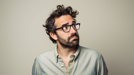 Handsome hipster man with glasses making doubts gesture on grey backgroundの素材