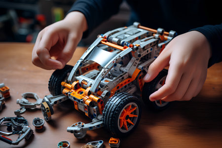 Close-up of the hands of a boy playing with a model of a car.の素材
