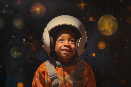 Cute african american little boy in astronaut helmet on cosmic backgroundの素材