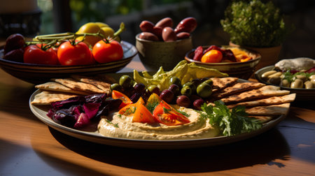 Hummus with olives and pita bread on a wooden tableの素材