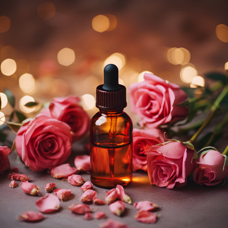 Rose essential oil in a small glass bottle. Selective focus. nature.の素材