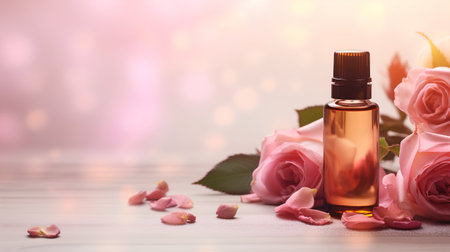 Rose essential oil in a glass bottle with rose petals on wooden background.の素材