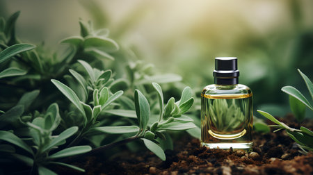 Aromatherapy essential oil in a small bottle with fresh green sage leavesの素材