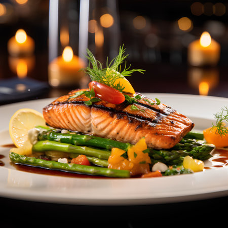 Grilled salmon steak with asparagus and vegetables on a white plateの素材