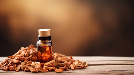 A bottle of essential oil with wood chips on a wooden table.の素材