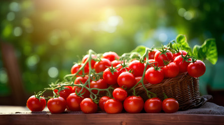 Ripe red cherry tomatoes in a wicker basket on a wooden table.の素材