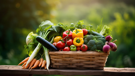 Fresh vegetables in basket on wooden table in garden. Healthy food concept.の素材