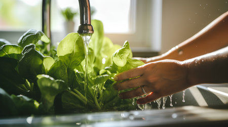 Woman washing fresh green spinach in kitchen sink with water drops, healthy nutritionの素材