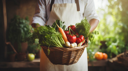 Woman holding a basket with fresh vegetables in the garden. Selective focus.の素材