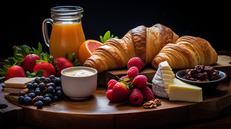 Breakfast with coffee, croissants, fruits and juice.の素材
