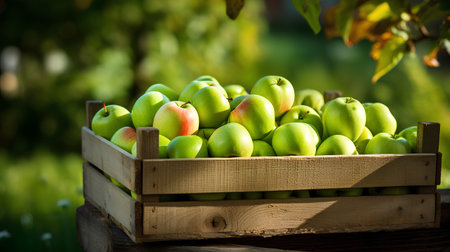 Ripe apples in a wooden box on a background of an orchardの素材