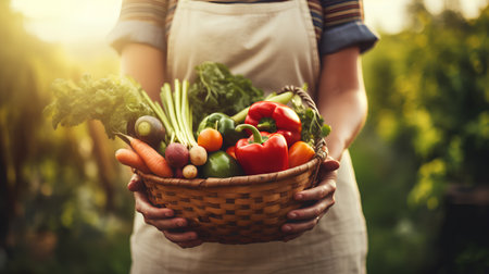 Woman holding a basket full of fresh organic vegetables in her hands.の素材