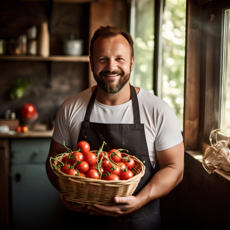 Portrait of a smiling man holding a basket of fresh tomatoes in his kitchen.の素材