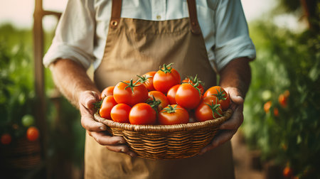 Farmer holding basket with fresh tomatoes in greenhouse, closeup.の素材