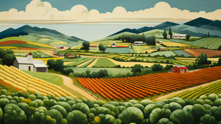 Rural landscape with vineyards, hills and village. Vector illustrationの素材