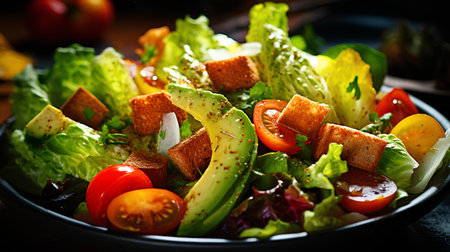 Fresh salad with avocado, cherry tomatoes and croutons on dark backgroundの素材