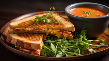 Sandwich with cheese, tomato and arugula on a wooden backgroundの素材