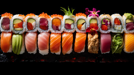 Sushi set on black background. Sushi roll with salmon, tuna, shrimp, avocado, cucumber, cream cheese, wasabi, ginger and wasabiの素材